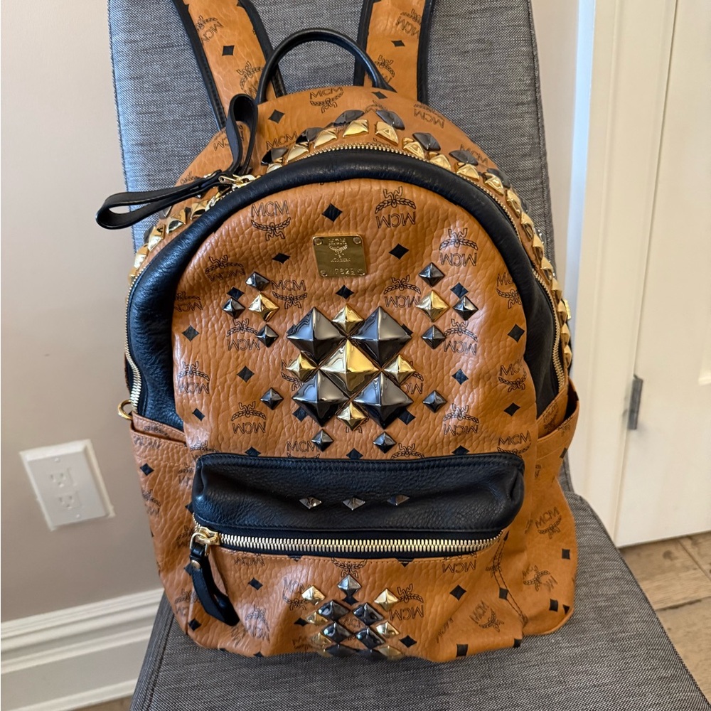 MCM Tan and Black Studded Backpack